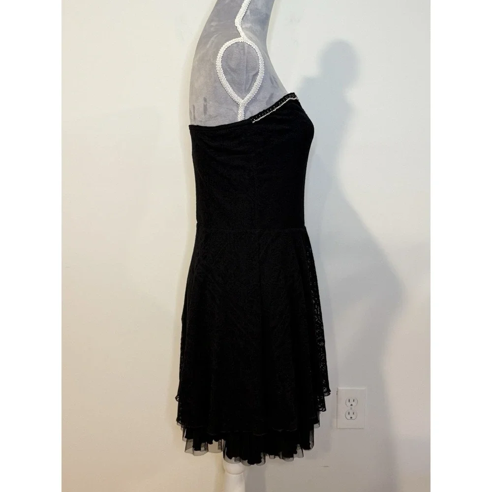 Free People Strapless Black Lace beaded Mini Dress Witchy Dark Romance‎ Goth LG